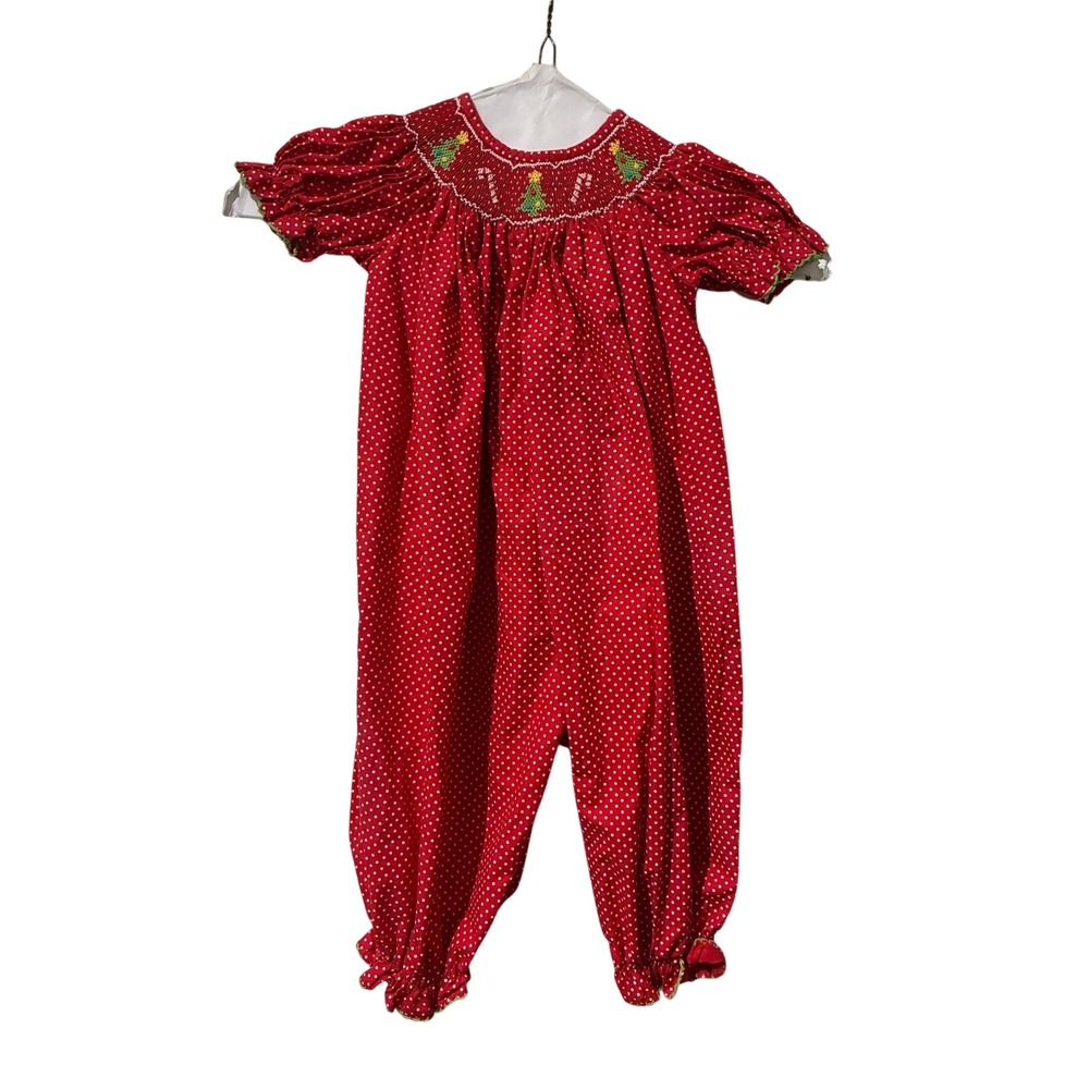 Petit Bebe 9M Red Polka Dot Smocked Christmas Romper Tree Candy Cane Embroidery